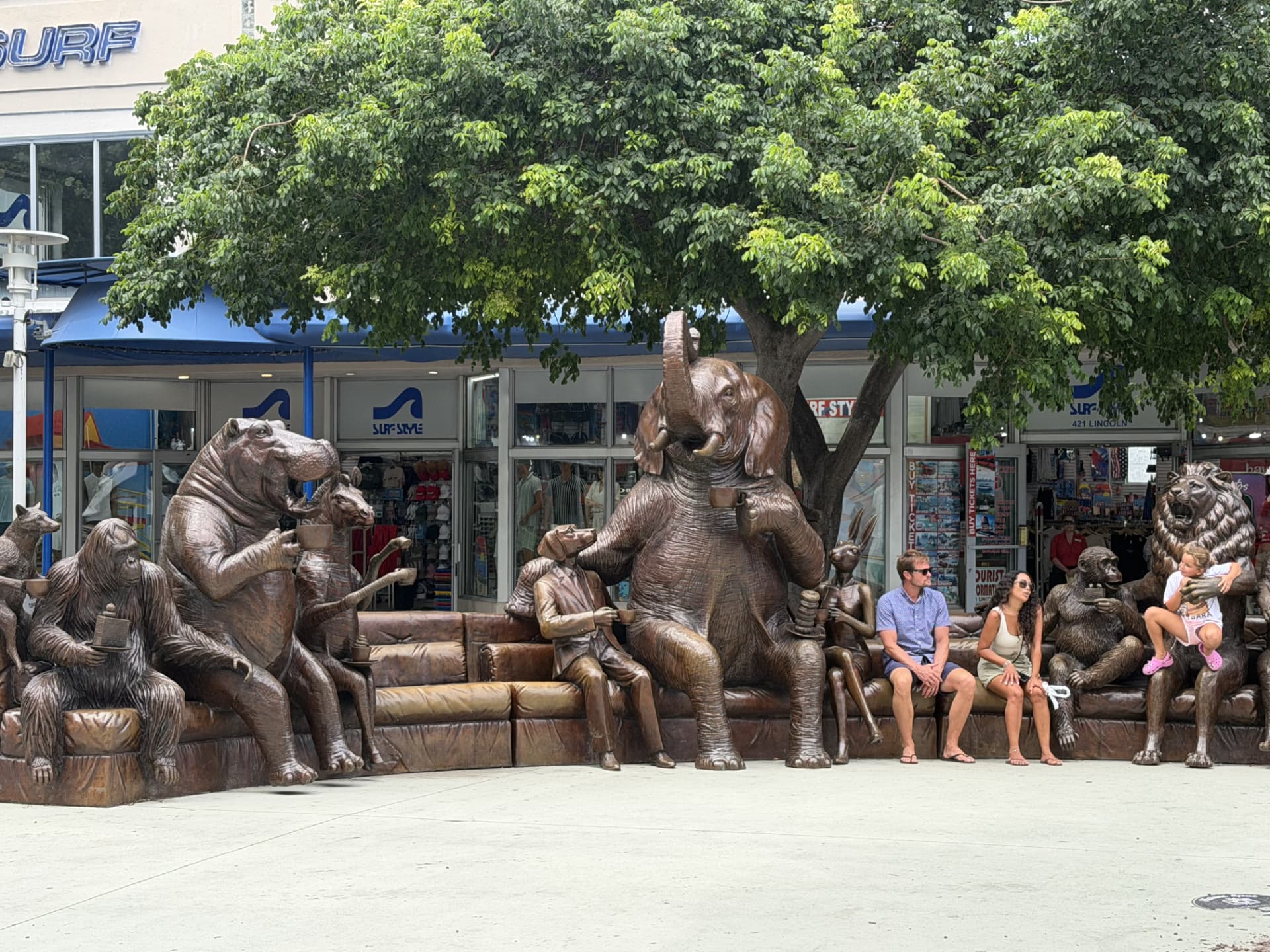 Large animal sculpture installation and public seating on Lincoln Road, Miami Beach